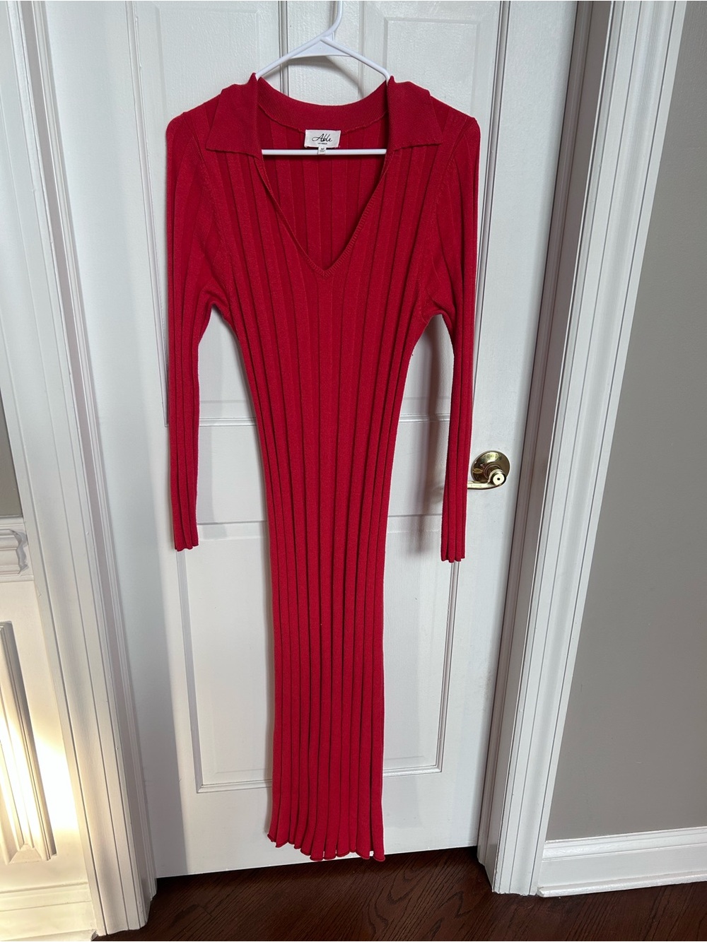 Maternity Red Ribbed V-Neck Long Sleeve Knit Dress